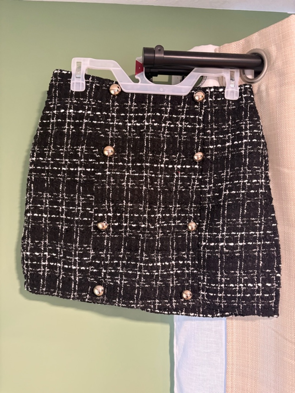 SHEIN Black & White Tweed Mini Skirt with Gold Button Detail